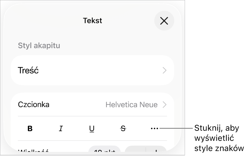 Narzędzia formatowania z widocznymi przyciskami Pogrubienie, Kursywa, Podkreślenie, Przekreślenie oraz Więcej opcji tekstu.