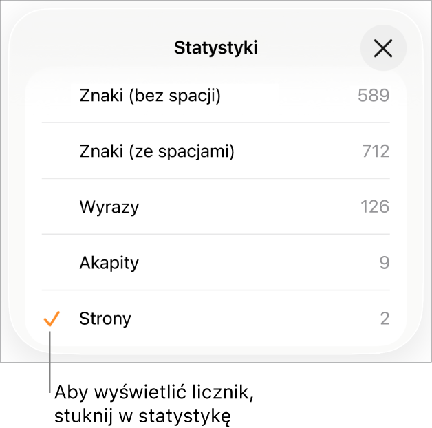 Menu Statystyki zawierające opcje pozwalające na wybranie wyświetlania liczby znaków ze spacjami i bez spacji, liczby wyrazów, liczby akapitów oraz liczby stron.
