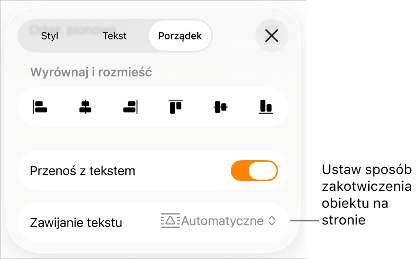 Narzędzia porządkowania: Przenoś z tekstem i Oblewanie tekstem.