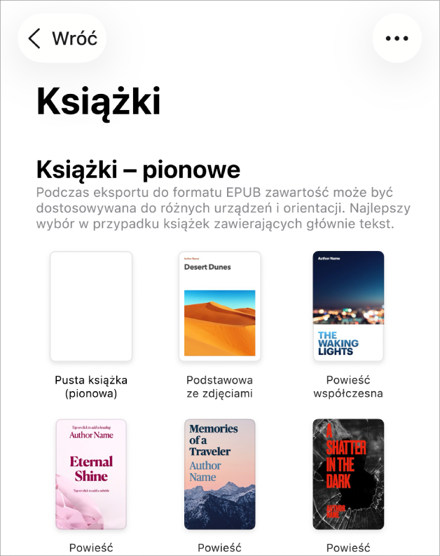 Paleta szablonów, zawierająca na górze szablony książek w orientacji pionowej, a poniżej szablony książek w orientacji poziomej.