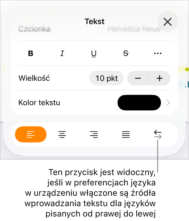Narzędzia tekstu w menu Format z objaśnieniem wskazującym przycisk Od prawej do lewej.