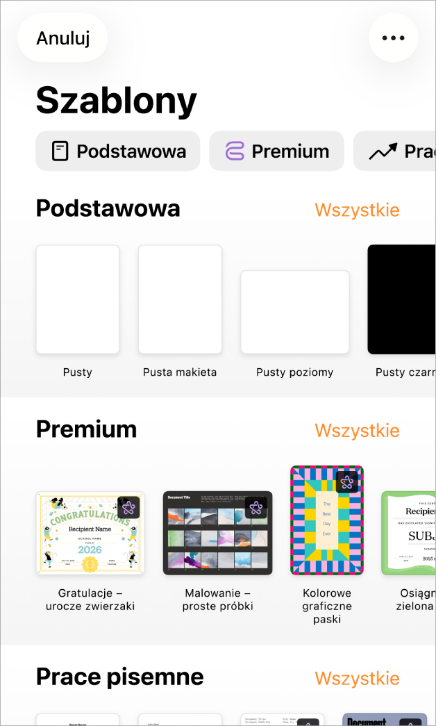 Paleta szablonów z widocznym na górze wierszem kategorii, w które możesz stuknąć, aby filtrować dostępne szablony. Poniżej widoczne są miniaturki gotowych szablonów uporządkowane wierszami według kategorii, zaczynając od widocznej na górze kategorii Nowe, po której następuje kategoria Ostatnie oraz kategoria Podstawowe. Po prawej stronie nad każdym wierszem kategorii widoczny jest przycisk Zobacz wszystkie. W prawym górnym rogu widoczny jest przycisk Język i region.