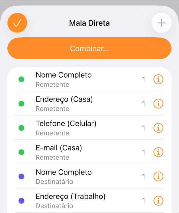 Instâncias de campos de mala direta listadas no menu de Mala Direta.