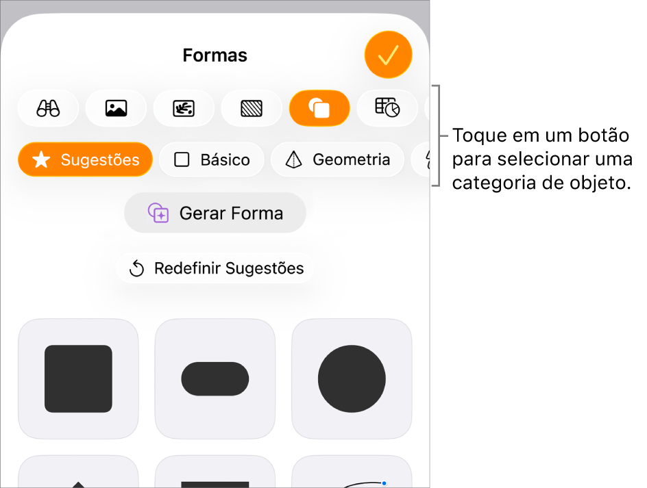 Os controles para adicionar um objeto, com botões na parte superior para selecionar tabelas, gráficos e formas (incluindo linhas e caixas de texto), e mídia.