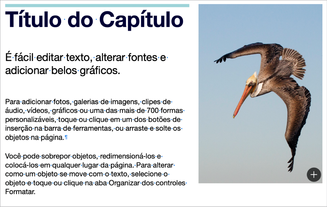 Texto exibindo símbolos para uma quebra de parágrafo e uma quebra de seção.