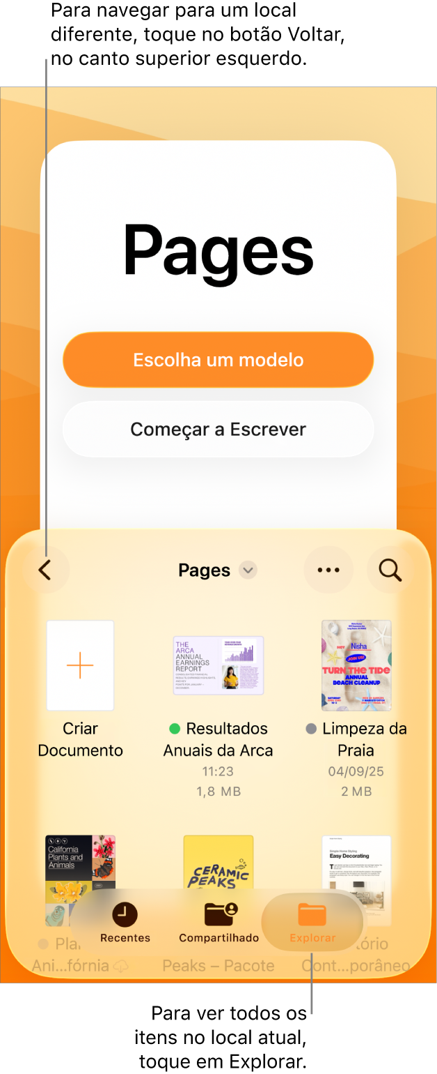 A visualização de navegação do gerenciador de documentos com o botão Voltar no canto superior esquerdo e abaixo um campo de Busca. Abaixo do campo de Busca está um botão “Criar Documento” ao lado de miniaturas de documentos existentes. No canto superior direito estão o botão Adicionar Documento e o botão Mais. Na parte inferior da tela estão os botões Recentes, Compartilhado e Explorar.