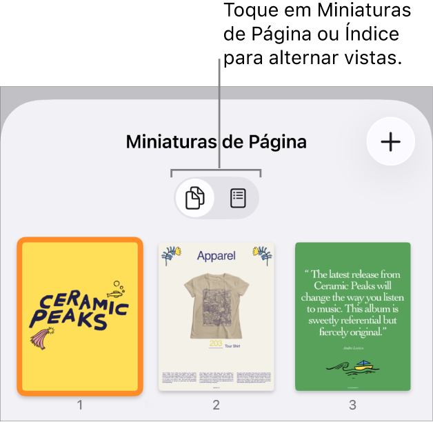 Visualização de Miniaturas de Página, com miniaturas de cada página. Os botões “Miniaturas de Página” e “Índice” aparecem na parte inferior da tela.
