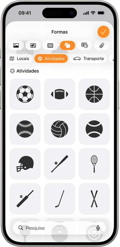 O menu “Inserção” com botões na parte superior para adicionar tabelas, gráficos, formas e multimédia. A opção “Formas” está selecionada e o respetivo menu mostra uma linha de categorias com um botão "Pesquisar” à esquerda. A categoria "Atividades” está selecionada e, por baixo, aparecem formas.