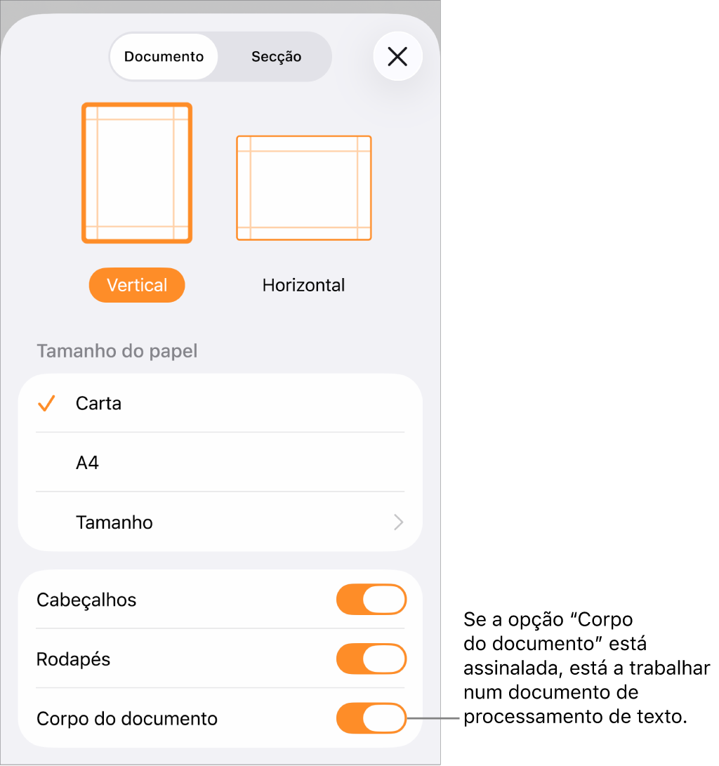 A opção “Configurar documento” aberta com a opção “Corpo do documento” assinalada num documento de processamento de texto.
