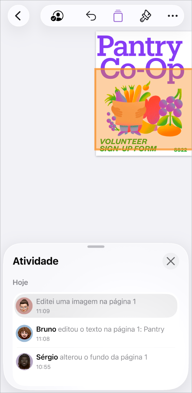 O menu de colaboração com os participantes atuais listados.