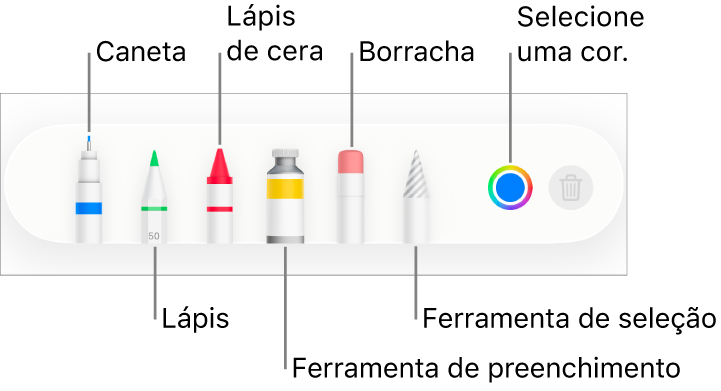 As barra de ferramentas de desenho no Pages no iPhone com uma caneta, lápis, lápis de cera, ferramenta de preenchimento, borracha, ferramenta de seleção e o seletor de cores a apresentar a cor atual.