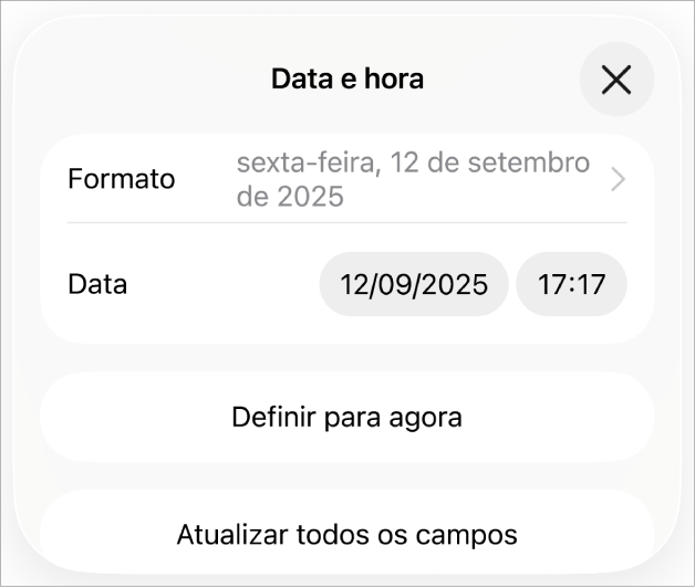 Os controlos “Data e hora” a mostrar um menu pop-up para "Formatação” da data e os botões “Definir para agora” e “Atualizar todos os campos”.