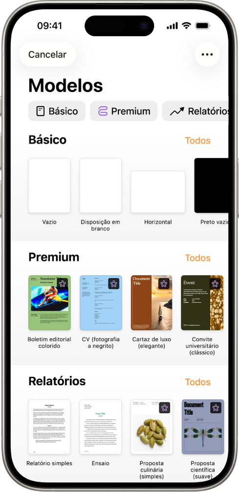 A lista de modelos com uma linha de categorias visível na parte superior, na qual é possível tocar para filtrar as opções. Por baixo estão visíveis miniaturas de modelos preconcebidos organizados em linhas por categoria, que começam por "Novo” na parte superior e “Recentes” e “Básico” posteriormente. Surge um botão "Ver tudo” por cima e à direita de cada linha da categoria.