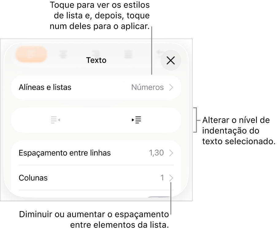 A secção “Marcas e listas” dos controlos de “Formatação” com chamadas para “Marcas e listas”, botões de remover indentação e de indentação e controlos de espaçamento.