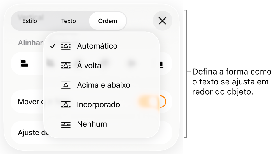 Os controlos “Ajuste de texto” com definições para Automático, “À volta”, “Por cima e por baixo”, “Incorporado com texto” e Nenhum.