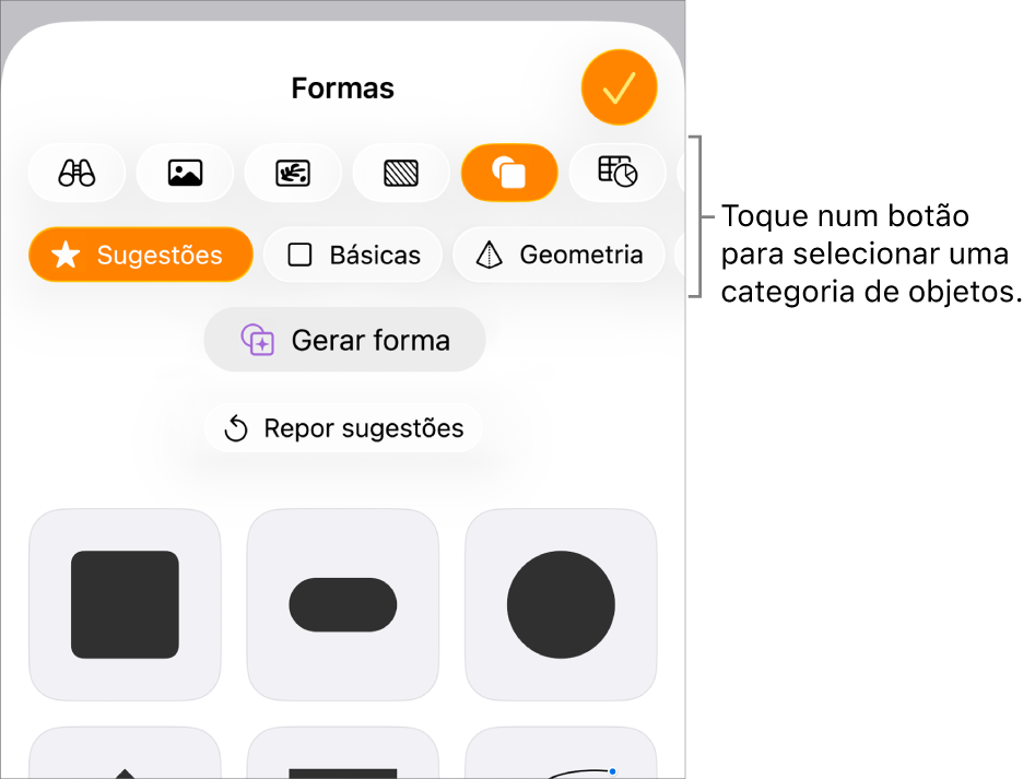 Os controlos para adicionar um objeto, com botões na parte superior para escolher tabelas, gráficos e formas (incluindo linhas e caixas de texto) e multimédia.