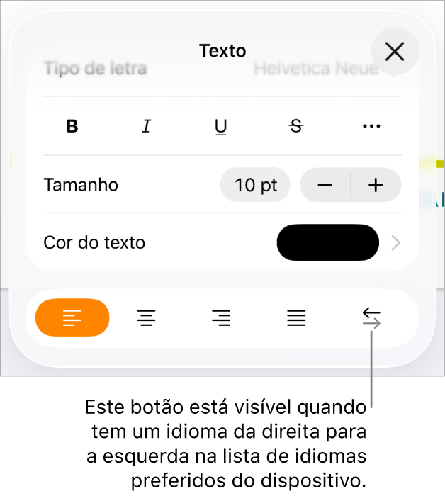 Controlos de texto no menu "Formatação” com uma chamada a apontar para o botão “Da direita para a esquerda”.