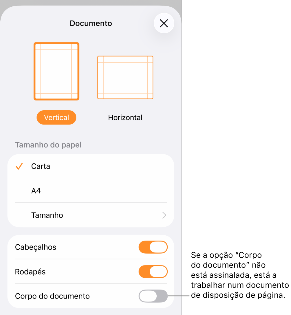 A opção “Configurar documento” aberta com a opção “Corpo do documento” desassinalada num documento de disposição de página.