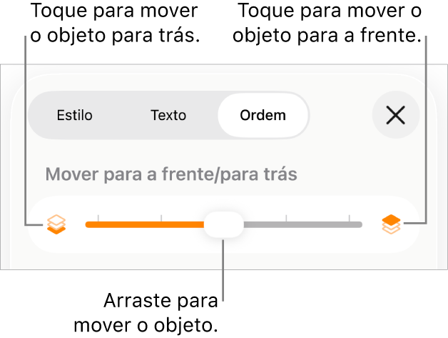 O botão “Mover para trás”, o botão “Mover para a frente” e o nivelador da camada.