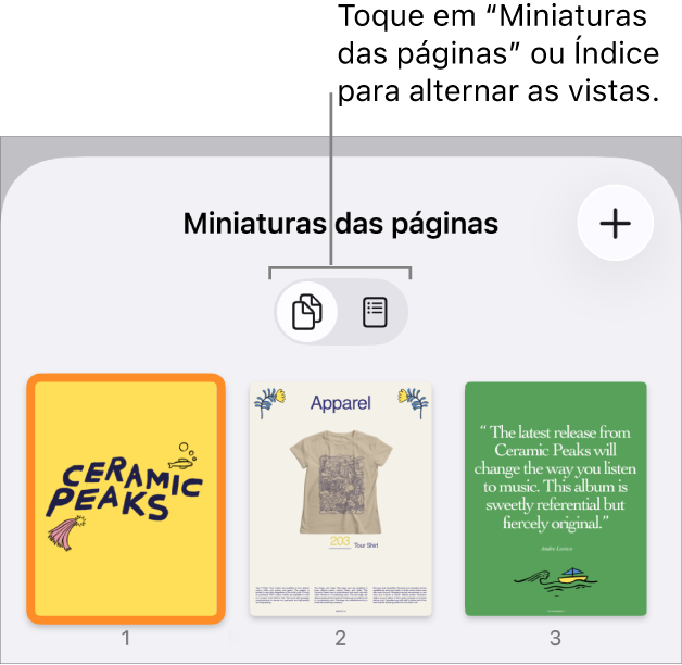 A vista de miniaturas das páginas com imagens em miniatura de cada página. O botão “Miniaturas das páginas” e o botão “Índice” estão na parte inferior do ecrã.