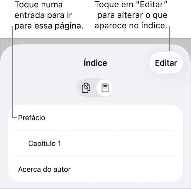 A vista de índice com títulos numa lista. No canto superior direito está o botão "Editar” e na parte inferior estão os botões “Miniaturas das páginas” e Índice.