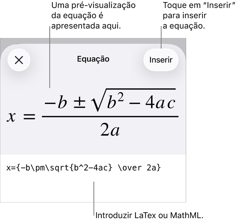 A caixa de diálogo “Equação”, apresentando uma equação escrita com recurso aos comandos MathML e uma pré-visualização da fórmula em cima.