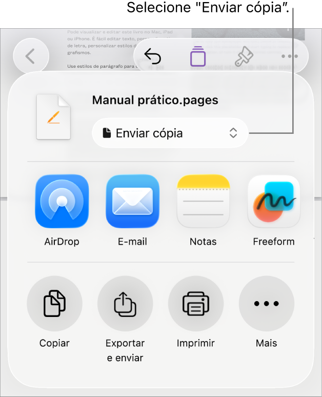 O menu “Partilhar” com “Enviar cópia” selecionada na parte superior.
