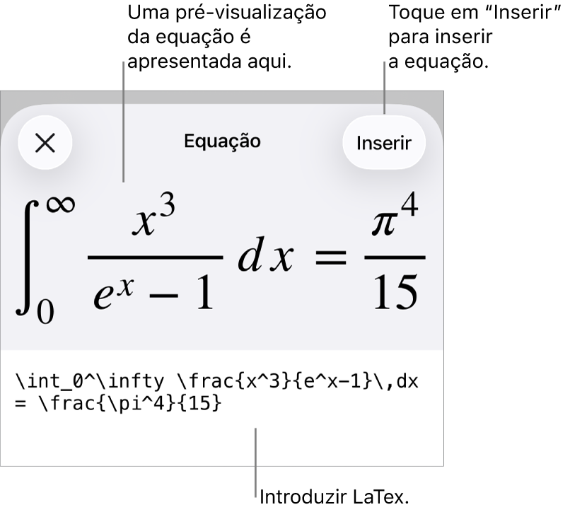 A caixa de diálogo “Equação”, apresentando uma equação escrita com recurso aos comandos LaTeX e uma pré-visualização da fórmula em cima.