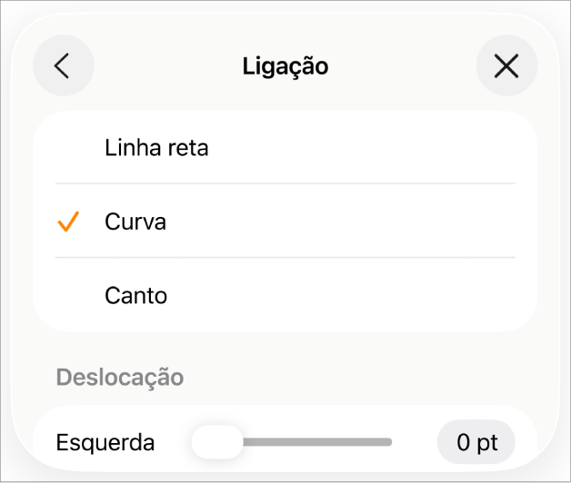 Os controlos de “Ligação” com “Curva” selecionada.