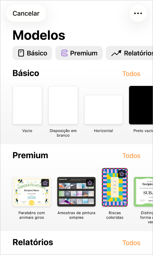 A lista de modelos com uma linha de categorias visível na parte superior, na qual é possível tocar para filtrar as opções. Por baixo estão visíveis miniaturas de modelos preconcebidos organizados em linhas por categoria, que começam por "Novo” na parte superior e “Recentes” e “Básico” posteriormente. Surge um botão "Ver tudo” por cima e à direita de cada linha da categoria. O botão “Idioma e região” no canto superior direito.