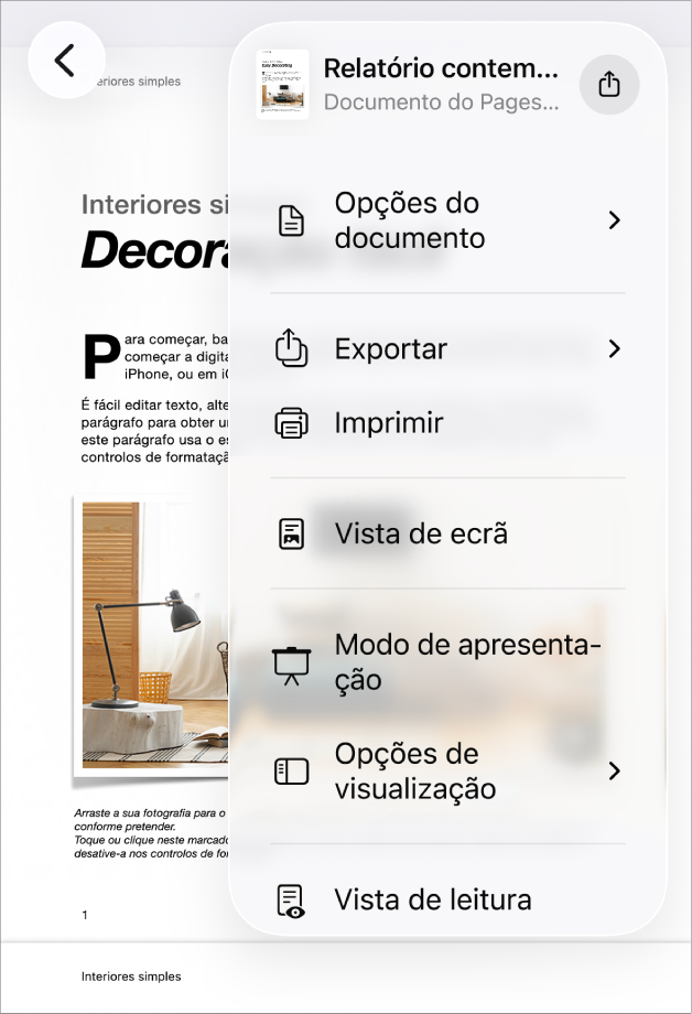 É apresentado o menu "Partilhar” com opções para enviar na parte superior e, por baixo, as opções “Copiar”, “Exportar e enviar”, “Imprimir”, “Nova nota rápida”, “Adicionar etiquetas” e “Guardar em Ficheiros”.