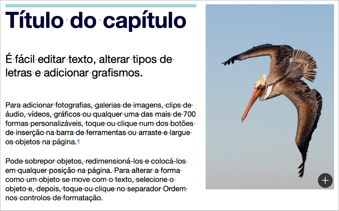 Texto mostrando símbolos para uma quebra de parágrafo e uma quebra de secção.