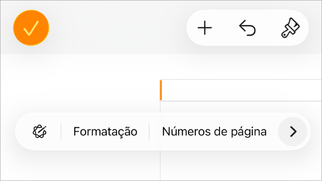 A janela “Configurar documento” com o ponto de inserção num campo de cabeçalho e um menu pop‑up com dois elementos de menu: Números de página e Inserir.
