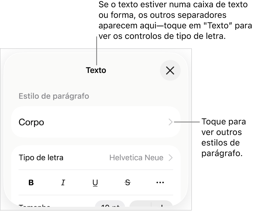 O menu "Formatação” a apresentar controlos de texto para definir estilos de parágrafo e carácter, tipo de letra, tamanho e cor.