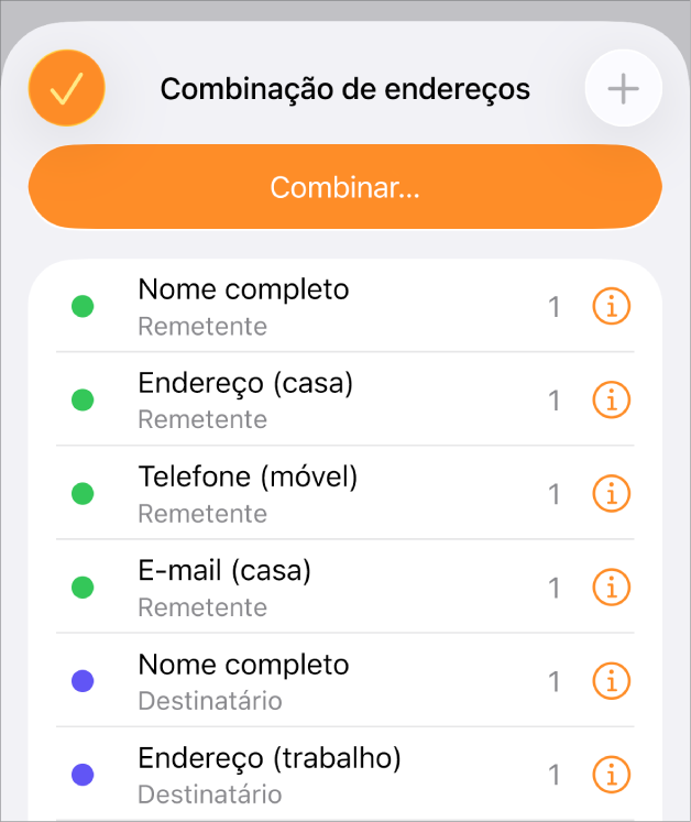 As ocorrências do campo de intercalação listadas no menu “Intercalação de endereços”.