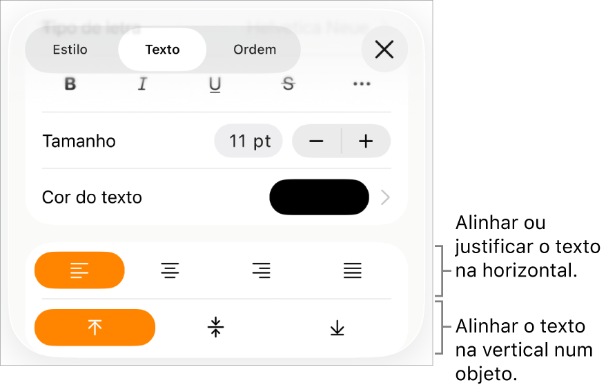 O painel "Disposição” com chamadas para os botões de alinhamento e espaçamento de texto.