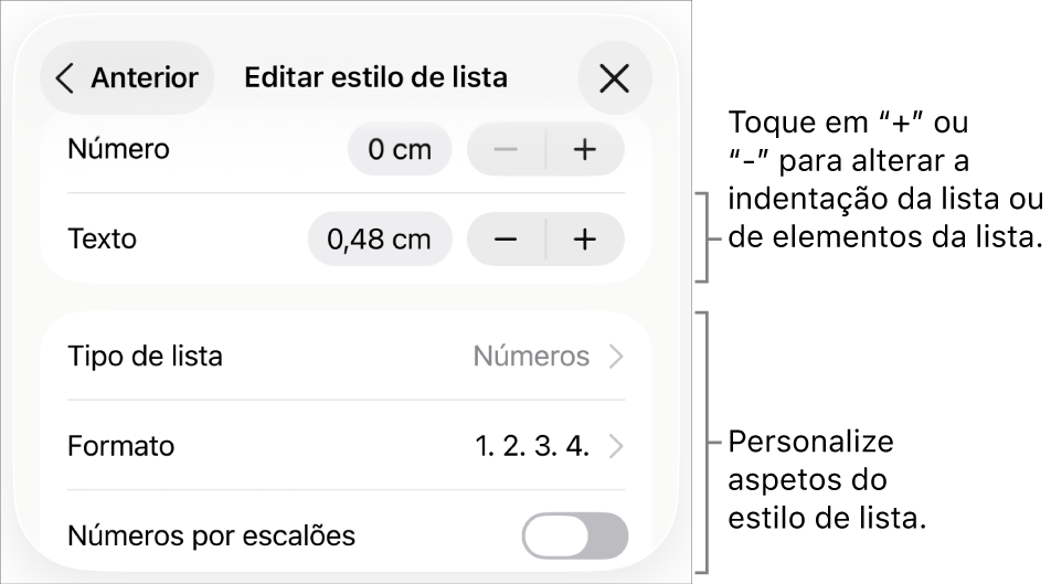 O menu “Editar estilo de lista” com controlos para espaçamento, tipo de lista e formatação, números por escalões e espaçamento entre linhas.