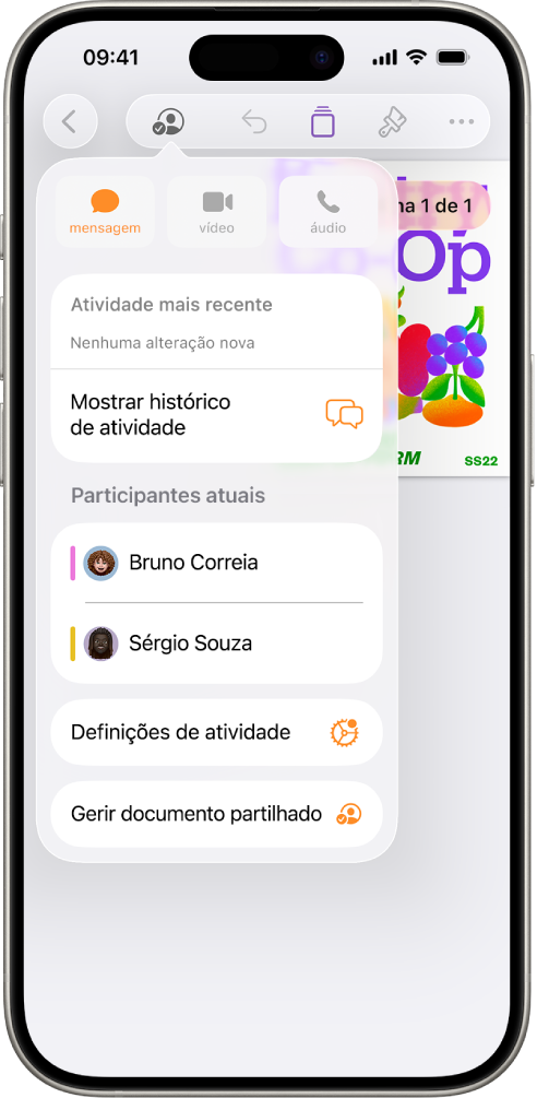 O menu de colaboração a apresentar os nomes das pessoas que estão a colaborar no documento.