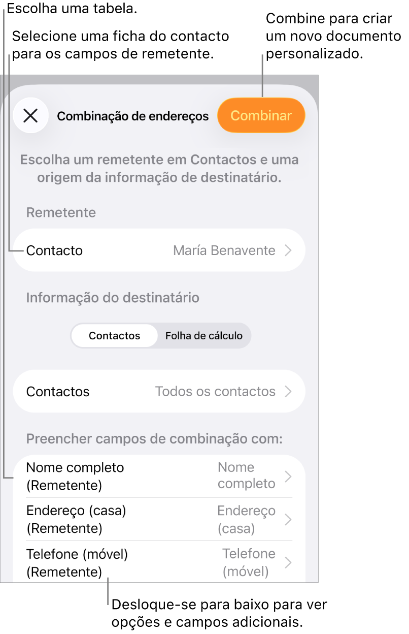 O painel “Intercalação de endereços” está aberto, com opções para selecionar a informação do remetente, alterar o ficheiro ou a tabela de origem, pré-visualizar os nomes ou registos individuais dos campos de intercalação ou intercalar o documento.