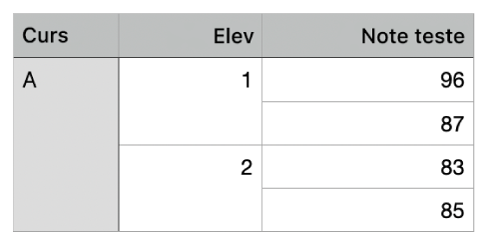 Un tabel afișând seturi de celule comasate pentru organizarea notelor pentru doi elevi dintr-o clasă.