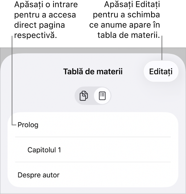 Vizualizarea tablei de materii, cu colontitlurile sub formă de listă. Un buton Editează se află în colțul dreapta sus, iar în partea de jos se află butoanele Miniaturi pagini și Tablă de materii.