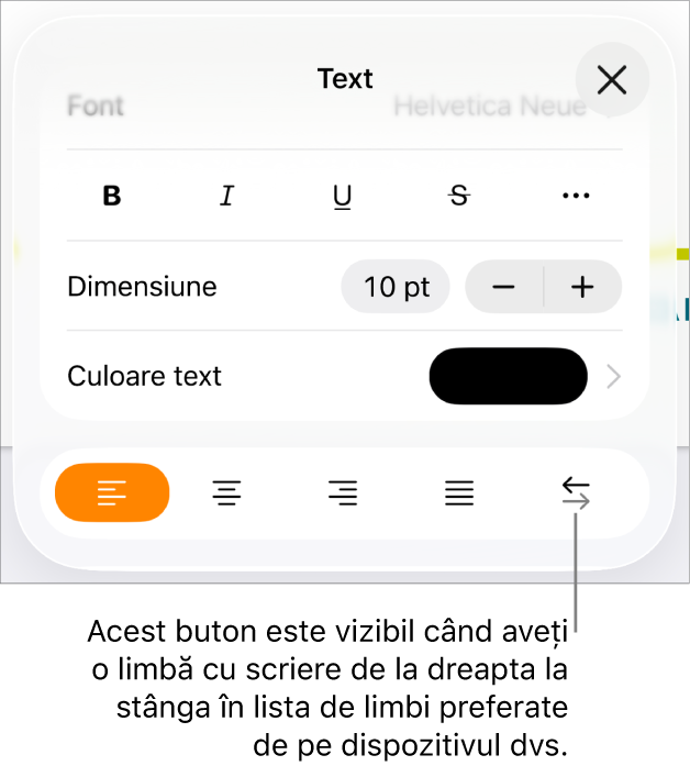 Comenzile pentru text din meniul Format cu o explicație referitoare la butonul De la dreapta la stânga.