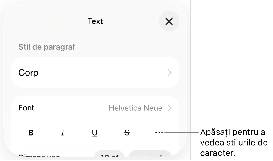 Comenzile Format cu butoanele Aldin, Cursiv, Subliniat, Tăiat cu o linie și Alte opțiuni de text.