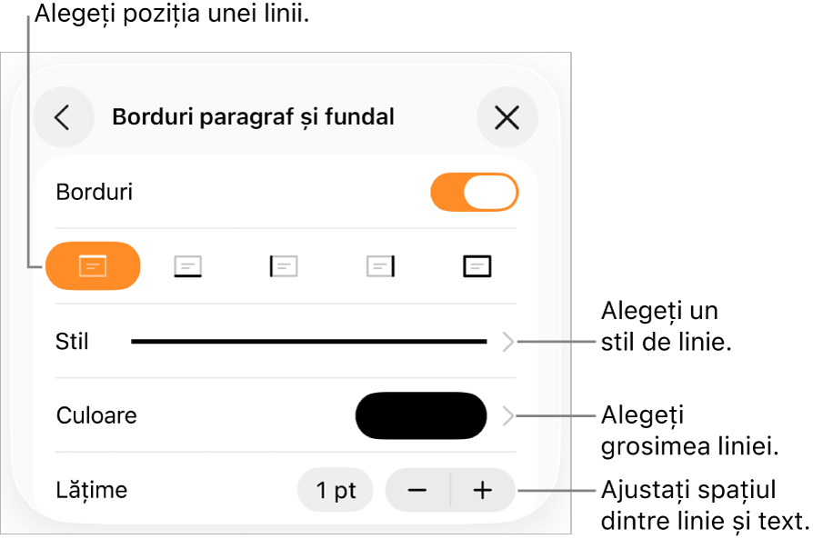 Comenzile pentru schimbarea stilului, grosimii, poziției și culorii liniei.