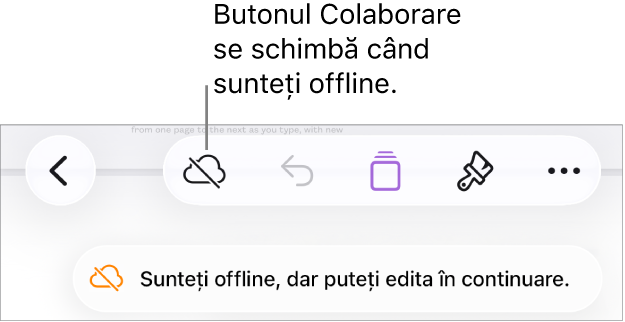 Butoanele din partea de sus a ecranului, cu butonul Colaborare transformat într-un nor traversat de o linie diagonală. Pe ecran apare o alertă „Sunteți offline, dar puteți edita în continuare”.
