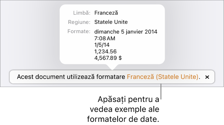 Notificarea privind configurarea limbii și regiunii diferite, afișând exemple de formatare în limba și regiunea respectivă.