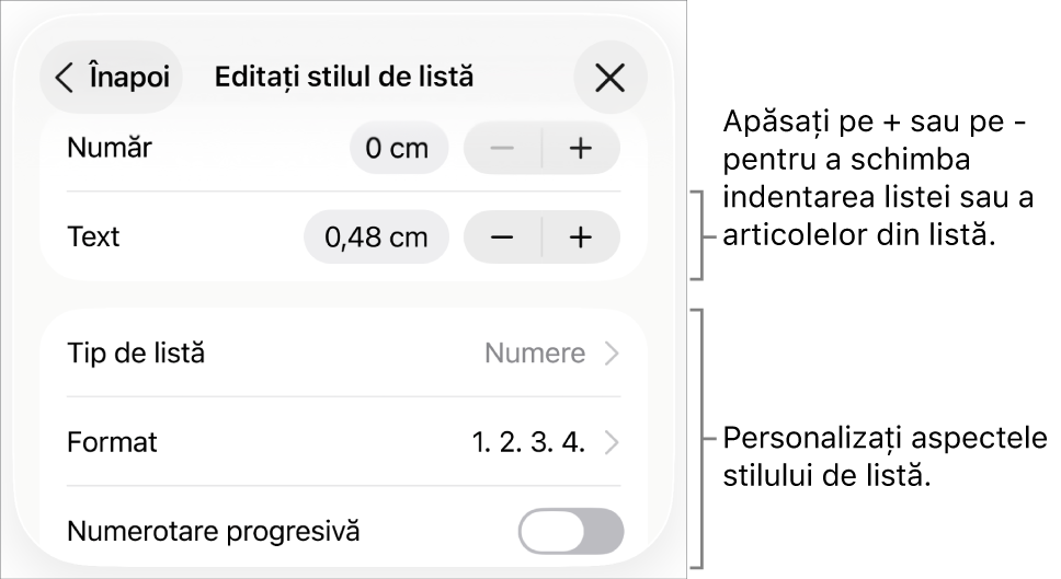 Meniul Editați stilul de listă, cu comenzile pentru spațierea indentărilor, tipurile și formatele de liste, numerotare progresivă și spațierea liniilor.