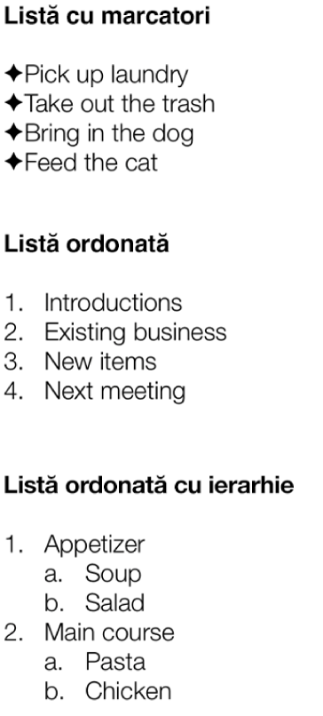 Exemple de liste cu marcatori, liste ordonate și liste ordonate pe ierarhii.