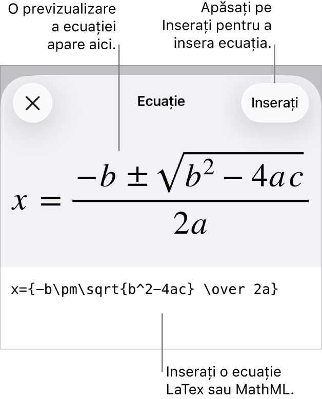 Caseta de dialog Ecuație, afișând o ecuație scrisă cu ajutorul comenzilor MathML și, deasupra, o previzualizare a formulei.