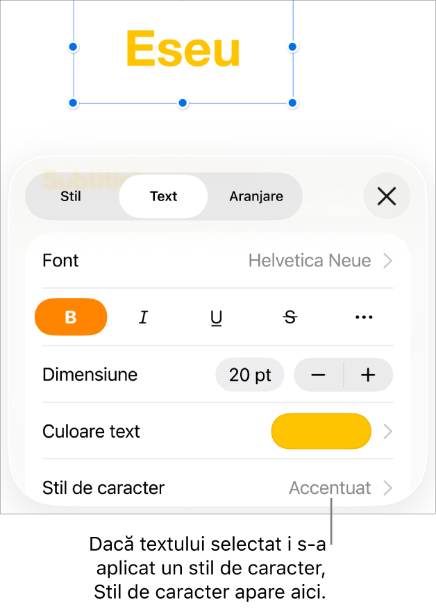 Comenzile de formatare Text cu Stil de caracter sub comenzile Culoare. Stilul de caracter Nimic apare cu un asterisc.